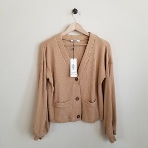 Lett Lisse Ribbed Cardigan Size Large Camel New